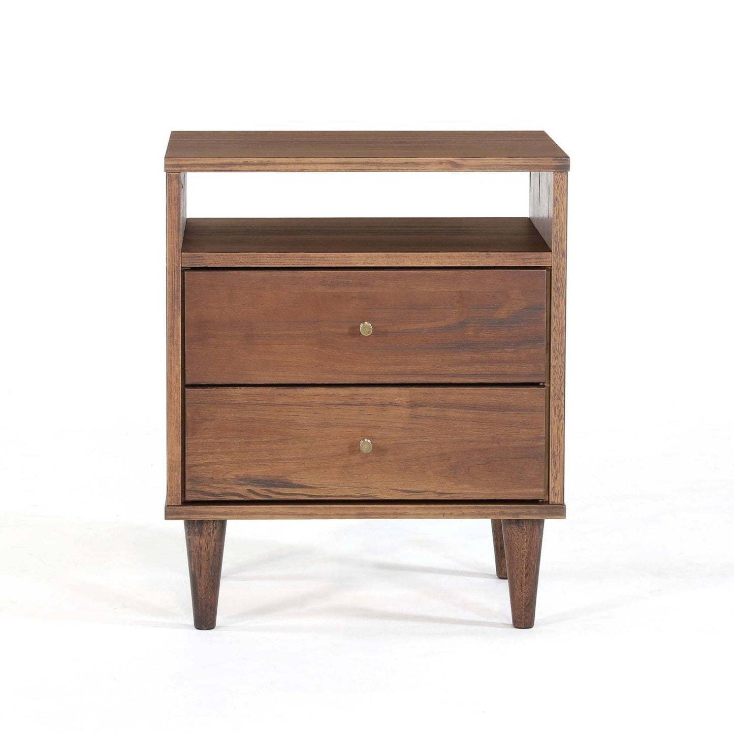 Mid Century Modern 2 Drawer Walnut Nightstand with Aged Brass Pulls-1