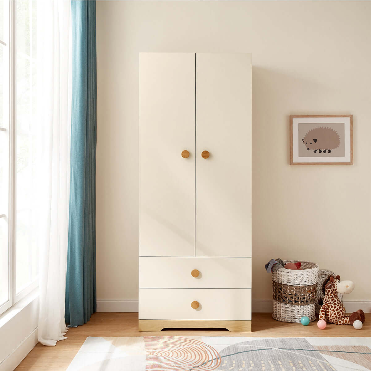 Contemporary Double Door Kids Wardrobe Storage Cabinet with 4 Shelves-0