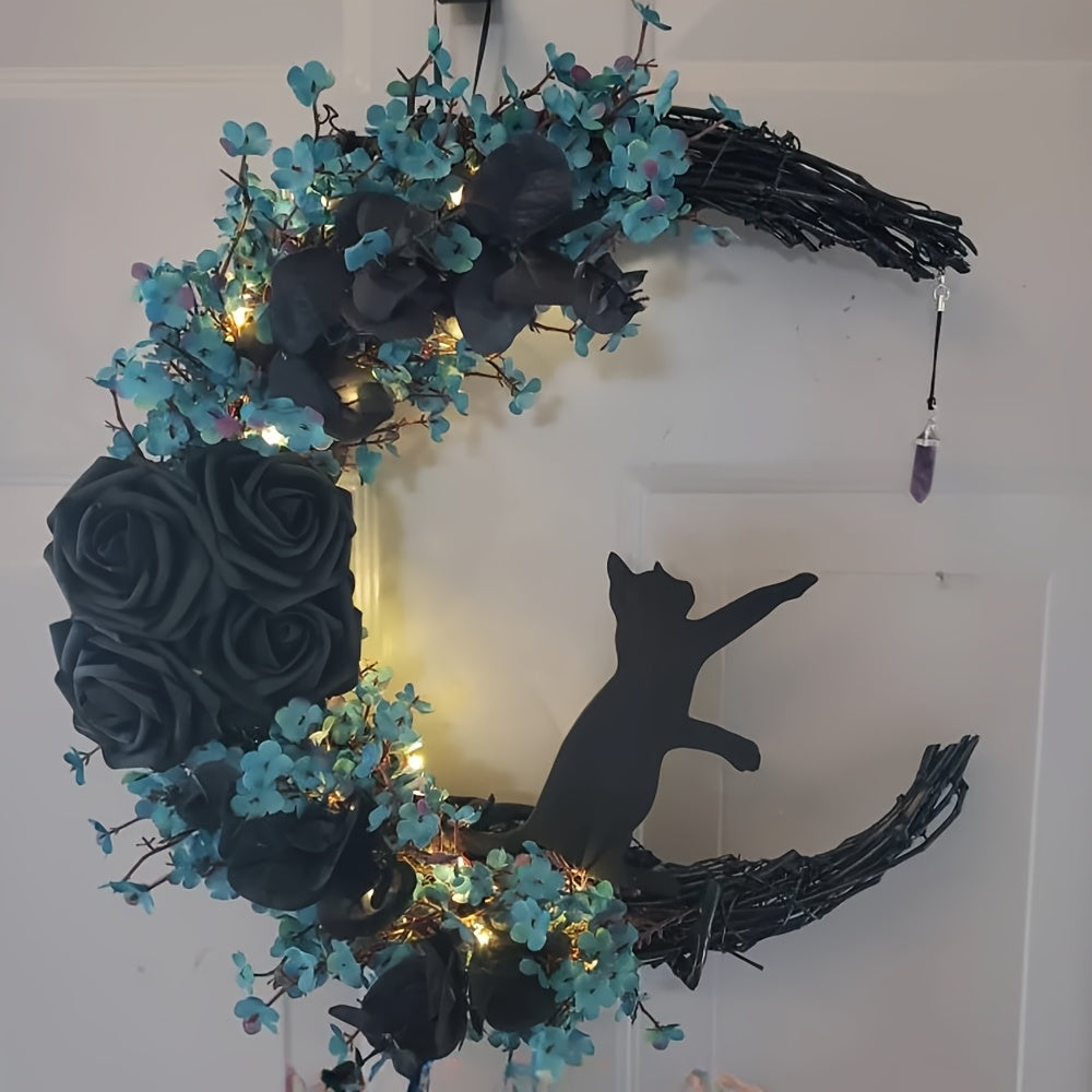 Gothic Cat Moon Wreath Halloween Door Decor