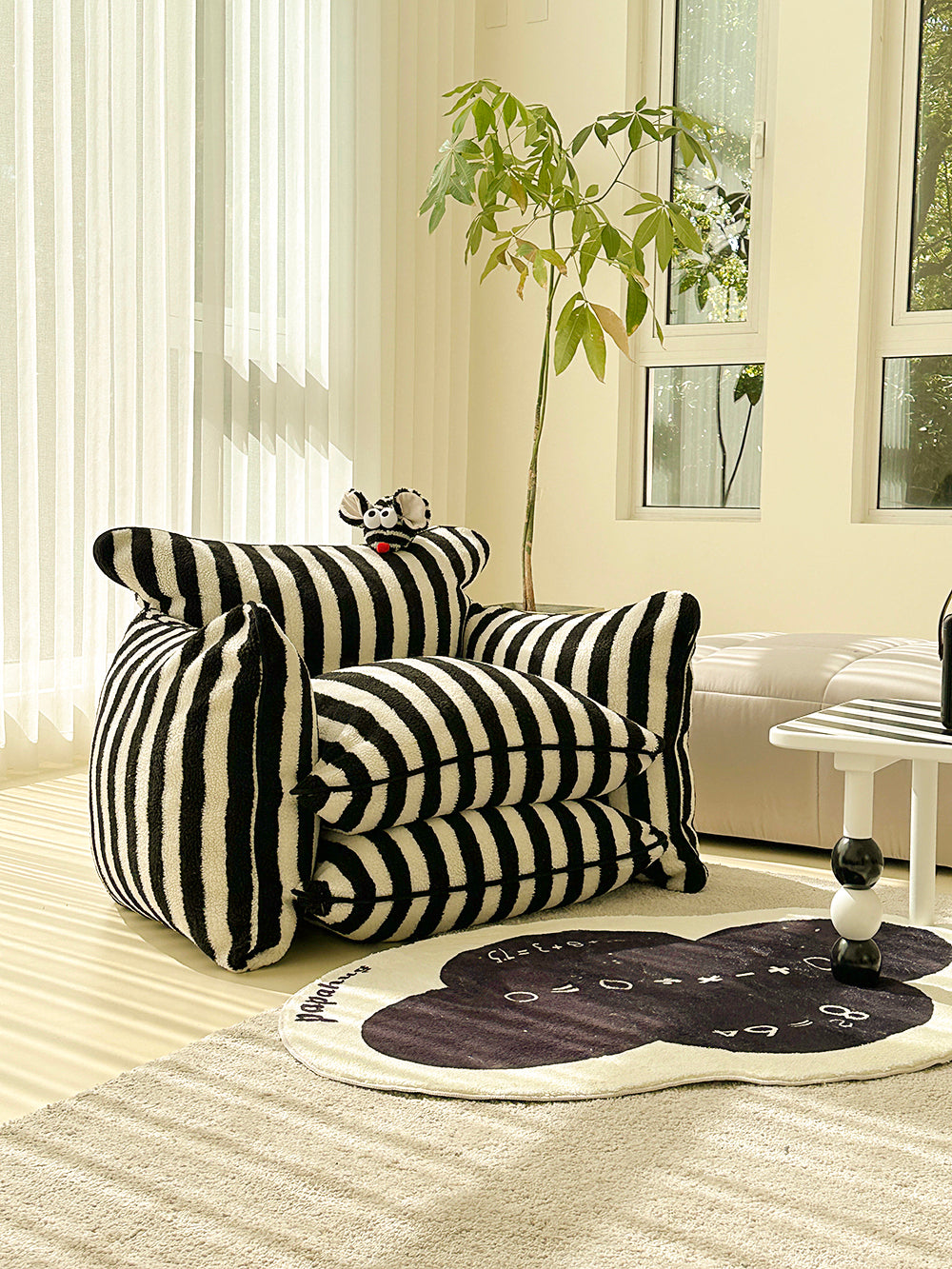 Striped Lazy Sofa Chair with Soft Velvet Cushions for Kids & Adults-2