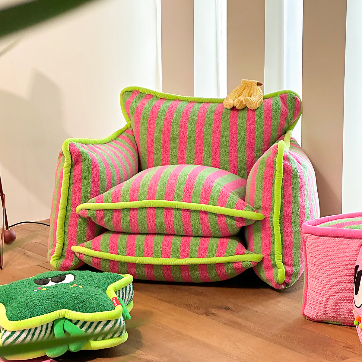Striped Lazy Sofa Chair with Soft Velvet Cushions for Kids & Adults-5