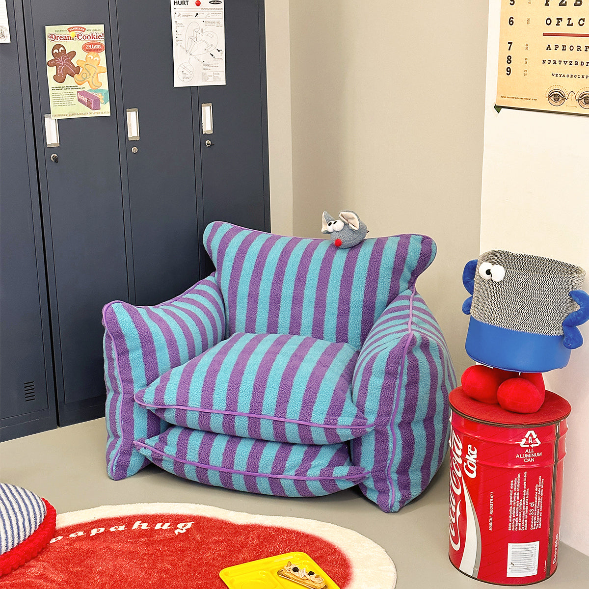 Striped Lazy Sofa Chair with Soft Velvet Cushions for Kids & Adults-7