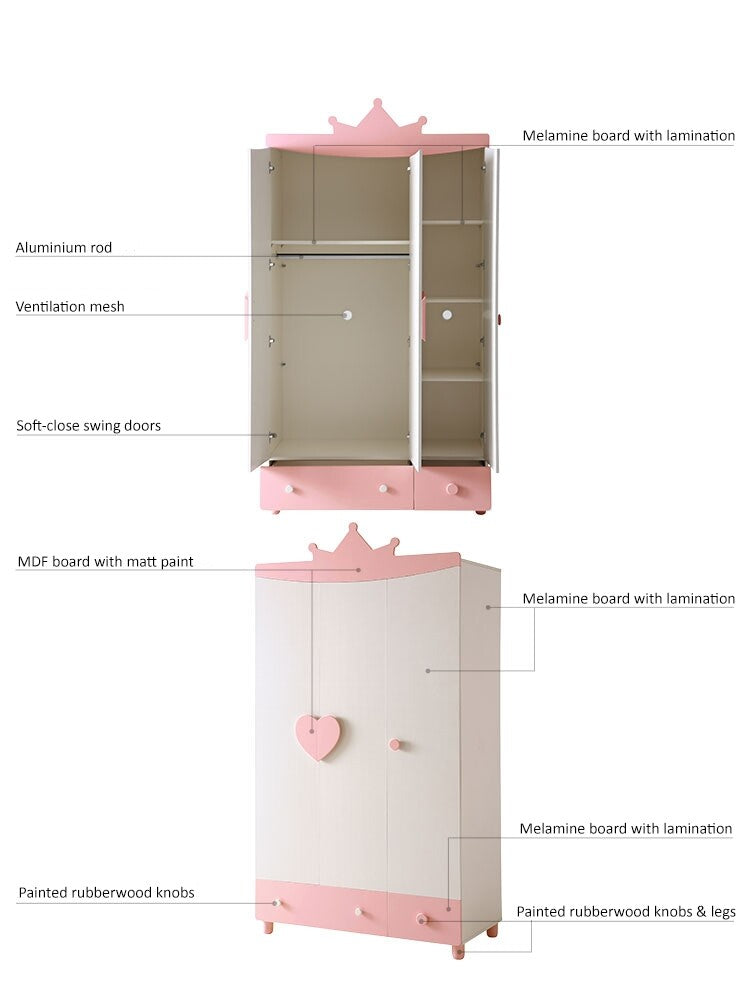 Pink Princess Wardrobe Cabinet For Girls Kids Furniture Organizer-4