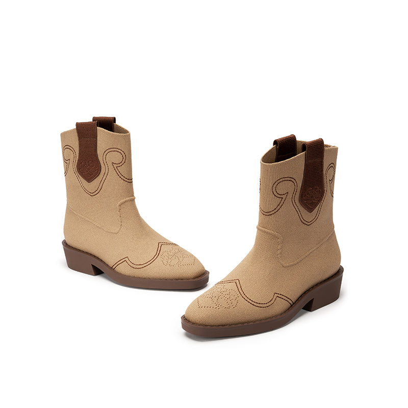 Retro Mid Calf Pointed Toe Cowboy Flats Boots-2
