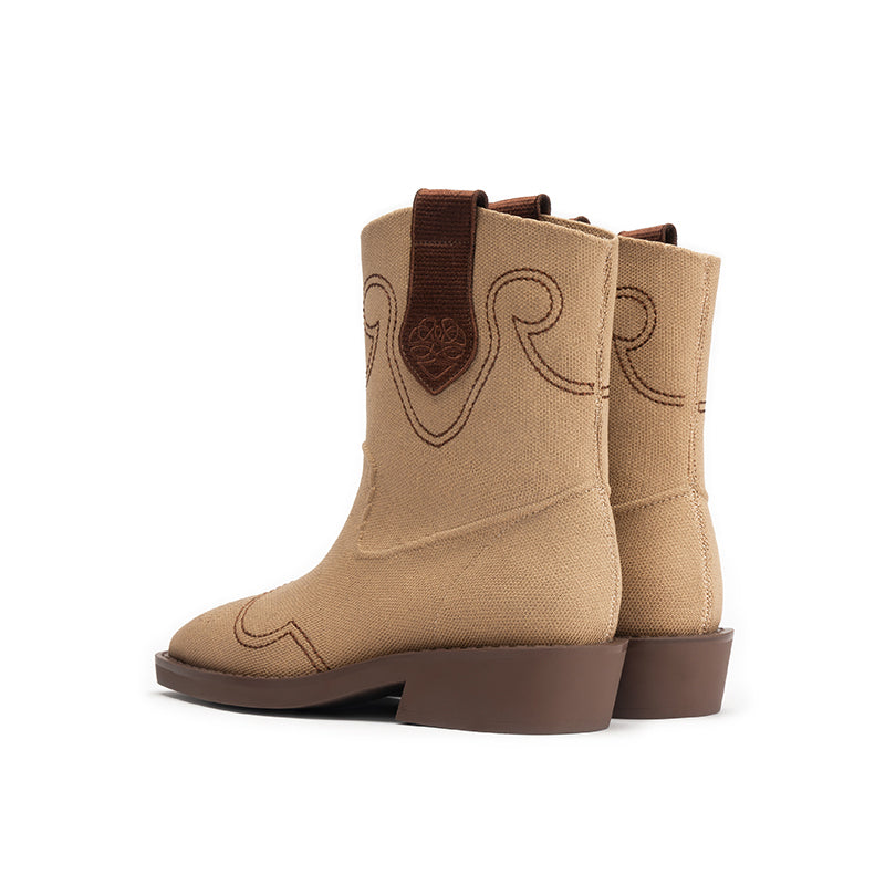 Retro Mid Calf Pointed Toe Cowboy Flats Boots-3