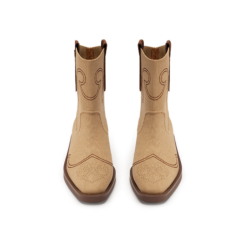 Retro Mid Calf Pointed Toe Cowboy Flats Boots-4