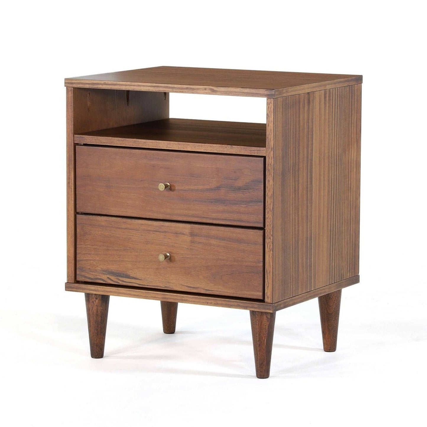 Mid Century Modern 2 Drawer Walnut Nightstand with Aged Brass Pulls-0