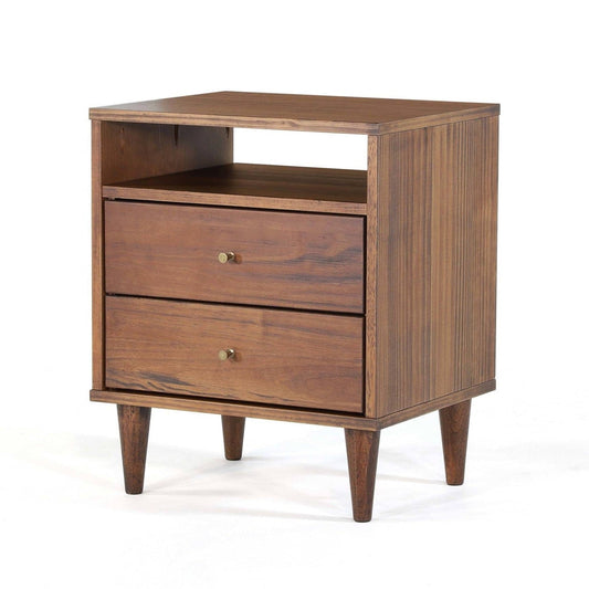 Mid Century Modern 2 Drawer Walnut Nightstand with Aged Brass Pulls-0