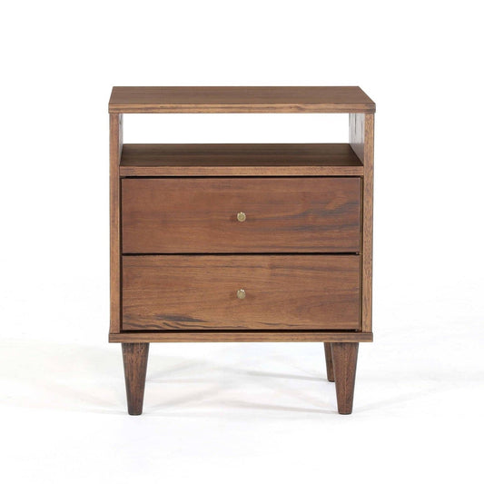 Mid Century Modern 2 Drawer Walnut Nightstand with Aged Brass Pulls-1