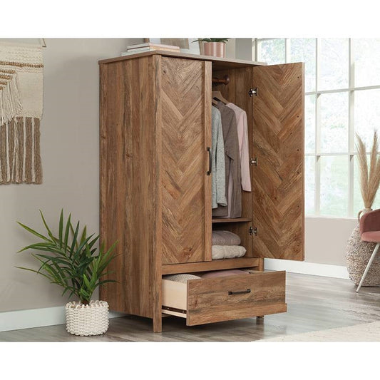 Rustic Herringbone 1 Drawer Garment Rod Wardrobe Armoire with Storage-1