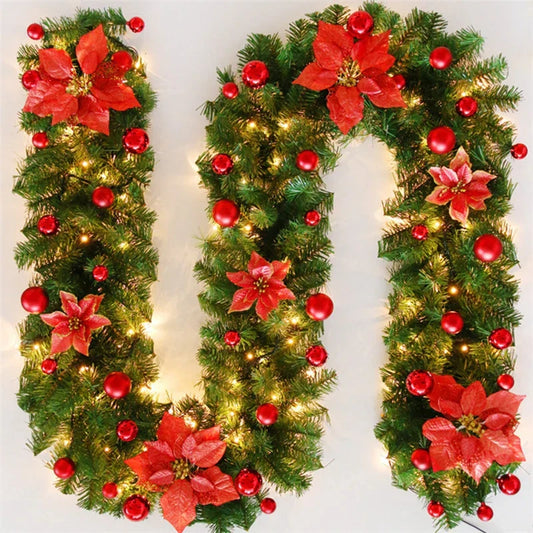 9ft Christmas LED Garland Wreath with Holly, Baubles, and Glitter Finish - Red
