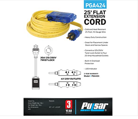 Pulsar PGA424 25 Ft. Generator Extension Cord for L14-30P to 4 5-20R with LED Indicator Yellow-1