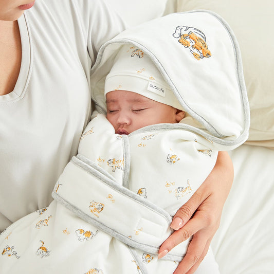 Extra Warm Cotton Baby Swaddle Wrap White with Tiger Embroidery Newborn Gift-0
