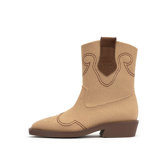 Retro Mid Calf Pointed Toe Cowboy Flats Boots-0