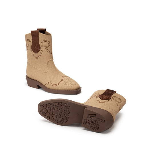 Retro Mid Calf Pointed Toe Cowboy Flats Boots-1